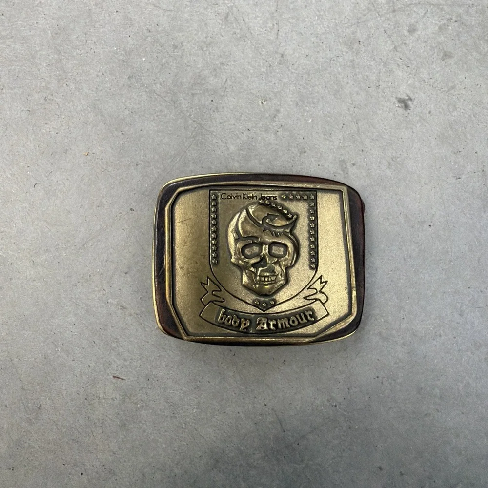 Calvin Klein Jeans Body Armour brass on leather belt buckle skull 2.5